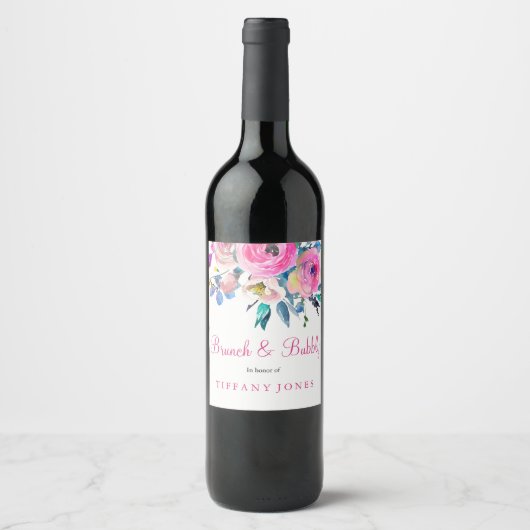 Roze Floral Waterverf Brunch & Bubble Wine Label Wijn Etiket (Voorkant)