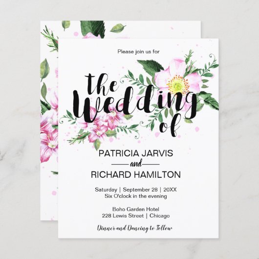 Roze Floral Waterverf Cheap Weddenschap (Voorkant / Achterkant)