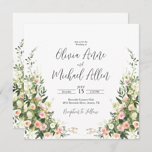 Roze Floral Waterverf Elegant Manuscript Uitnodigi (Voorkant / Achterkant)