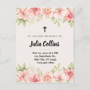 Roze FLoral Waterverf Funeral Card Briefkaart