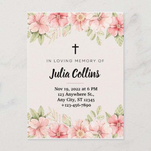 Roze FLoral Waterverf Funeral Card Briefkaart (Voorkant)