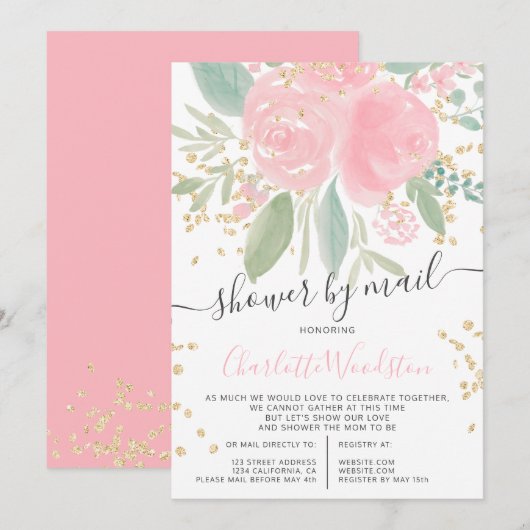 Roze floral waterverf gouden baby shower per post kaart (Voorkant / Achterkant)
