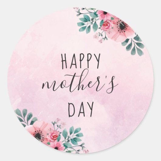 Roze Floral Waterverf Happy Moederdag Ronde Sticker (Voorkant)