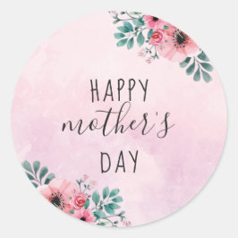 Roze Floral Waterverf Happy Moederdag Ronde Sticker