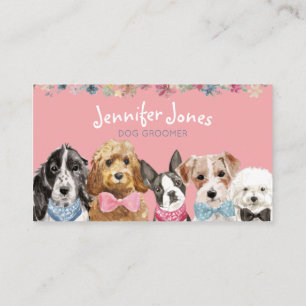 Roze Floral Waterverf Hondenrassen Dog Groomer Visitekaartje