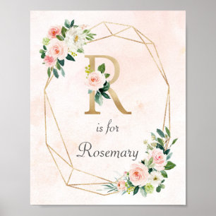 Roze Floral Waterverf Monogram Baby Nursery Poster