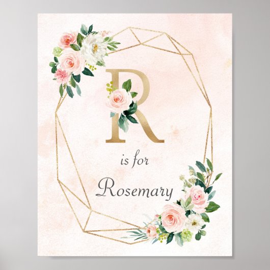 Roze Floral Waterverf Monogram Baby Nursery Poster (Voorkant)