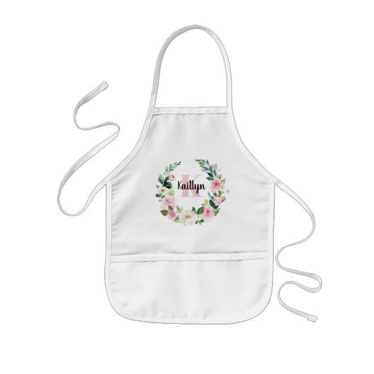 Roze Floral Waterverf Monogram & Naam Kinder Schort (Voorkant)