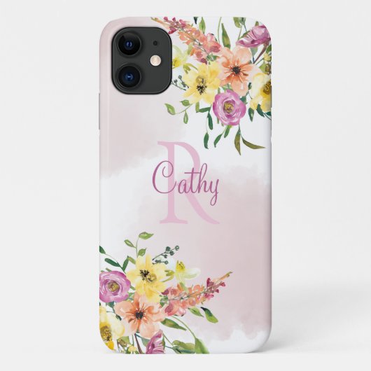 Roze Floral Waterverf Monogram Naam Modern Hoesje- Case-Mate iPhone Case (Achterkant)