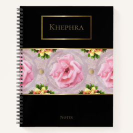 Roze Floral Waterverf Monogram Naam Notitieboek