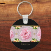 Roze Floral Waterverf Monogram Naam Sleutelhanger (Voorkant)