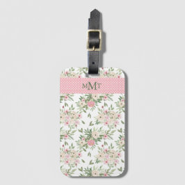 Roze Floral Waterverf Monogram Polkadot Bagagelabel