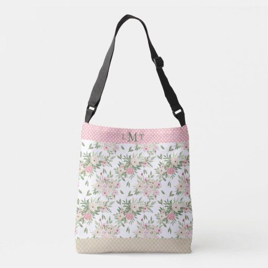 Roze Floral Waterverf Monogram Polkadot Crossbody Tas (Achterkant)