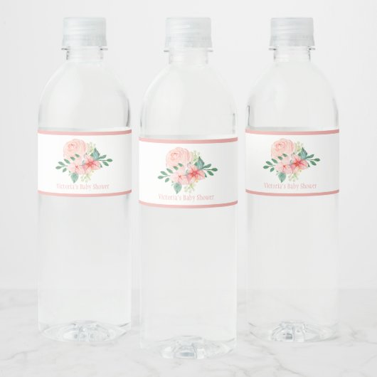Roze Floral Waterverf Naam Baby Girl Shower Waterfles Etiket (Flessen)