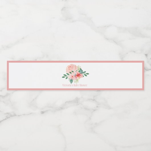 Roze Floral Waterverf Naam Baby Girl Shower Waterfles Etiket (Enkel label)