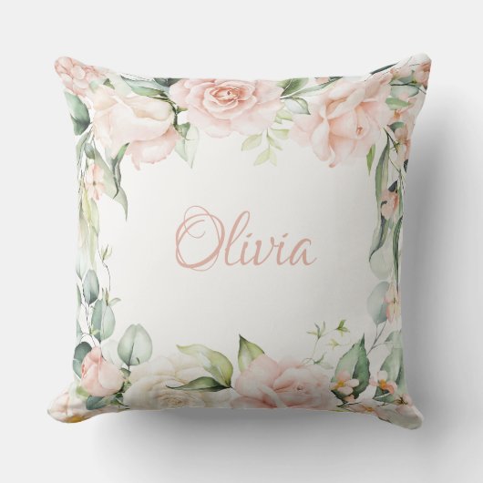 Roze Floral Waterverf Name Baby Girl Kussen (Voorkant)