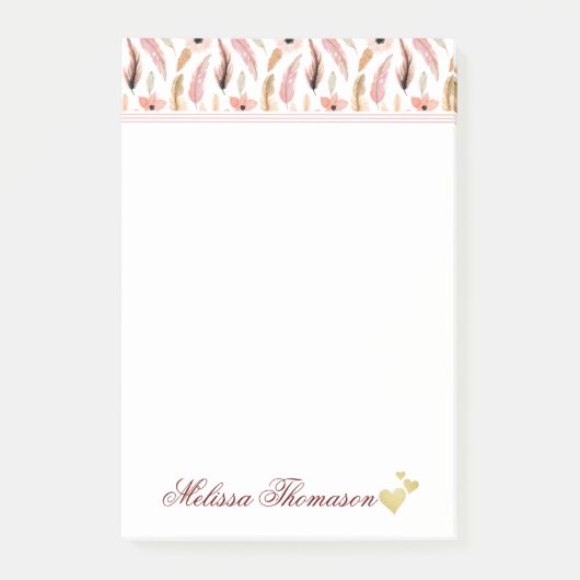 Roze Floral Waterverf Patroon Naam Hartscript Post-it® Notes (Voorkant)