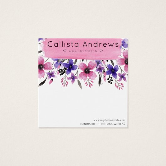 Roze Floral Waterverf penseel Veroorbaar beeldsche Vierkante Visitekaartjes (Voorkant)