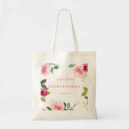 Roze Floral Waterverf Quinceanera Canvas tas (Voorkant)