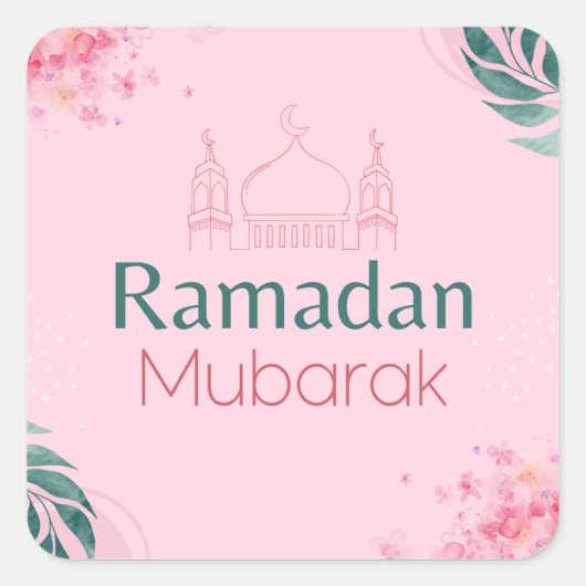 Roze Floral Waterverf Ramadan Mubarak Sticker (Voorkant)