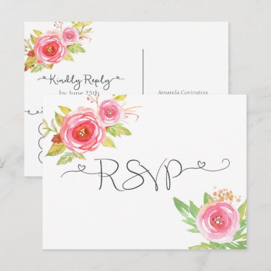Roze Floral Waterverf RSVP-antwoordkaart 3605 Uitnodiging Briefkaart (Voorkant / Achterkant)