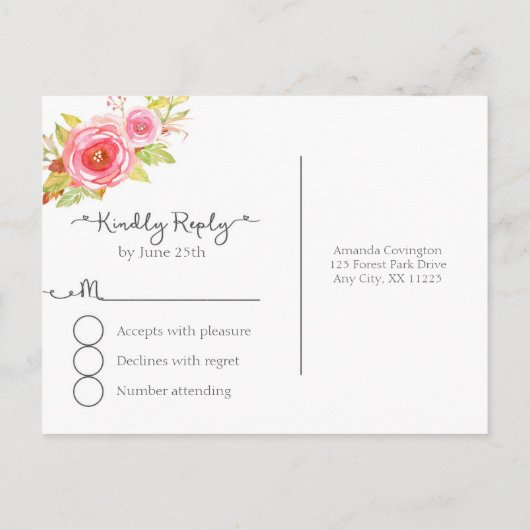 Roze Floral Waterverf RSVP-antwoordkaart 3605 Uitnodiging Briefkaart (Achterkant)