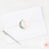 Roze Floral Waterverf Sparen de Datum Elegant Ronde Sticker (Envelop)