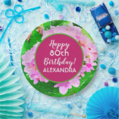 Roze Floral Waterverf Splash 80th Birthday Papieren Bordje (Feest)