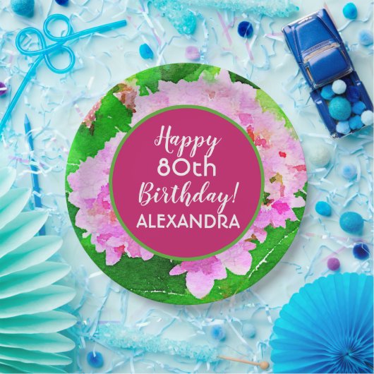 Roze Floral Waterverf Splash 80th Birthday Papieren Bordje (Feest)