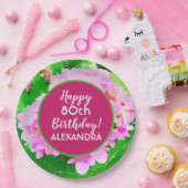 Roze Floral Waterverf Splash 80th Birthday Papieren Bordje (Feest)