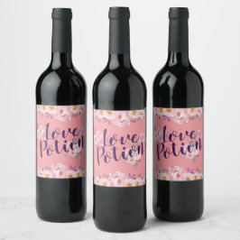 Roze Floral Waterverf Valentijnse Love Potion Wijn Etiket