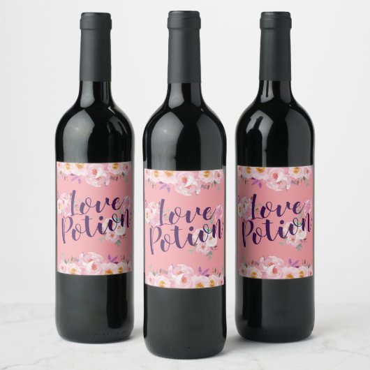 Roze Floral Waterverf Valentijnse Love Potion Wijn Etiket (Flessen)