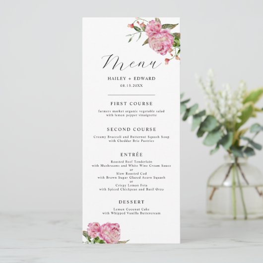 Roze Floral Weddenschap Menu (Staand voorkant)