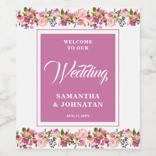 Roze Floral Weddenschap Wijn Etiket (Enkel label)