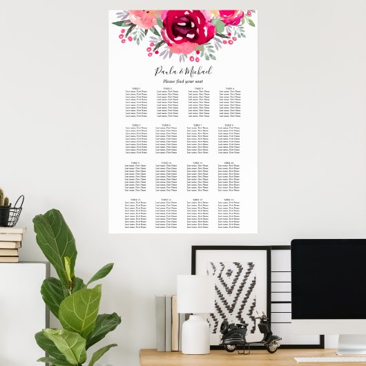 Roze Floral Wedding 16 Table Seating Chart Poster (Thuiskantoor)