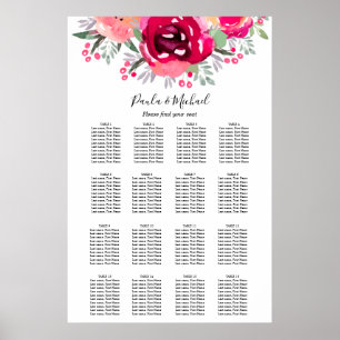 Roze Floral Wedding 16 Table Seating Chart Poster
