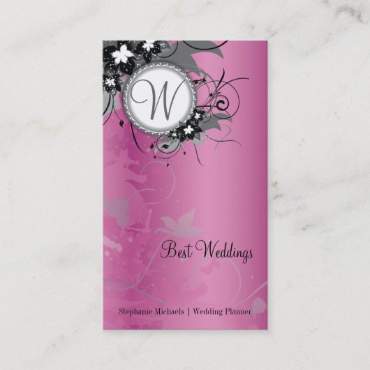 Roze Floral Wedding Elegant Visitekaartje Monogram (Voorkant)