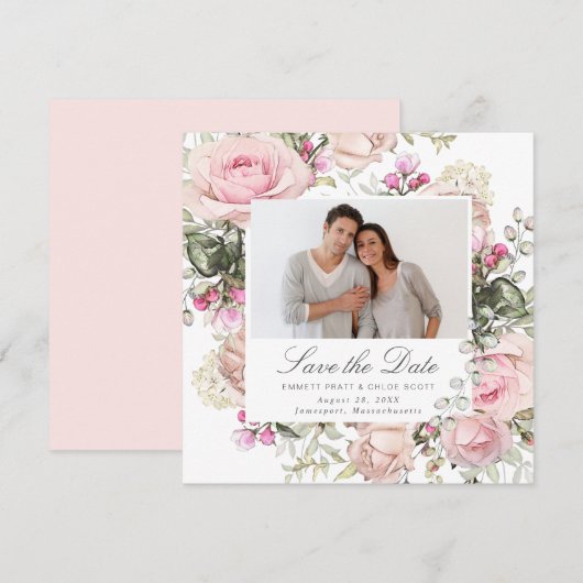 Roze Floral Wedding Foto Save the Date Kaart (Voorkant / Achterkant)