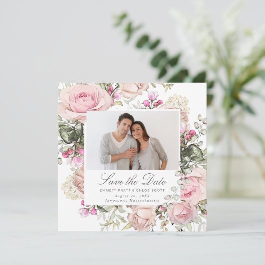 Roze Floral Wedding Foto Save the Date Kaart (Staand voorkant)