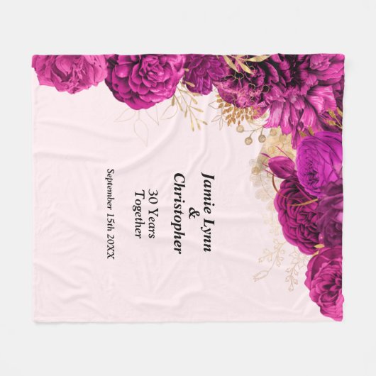Roze Floral Wedding Jubileum Fleece Blanket (Voorkant (Horizontaal))