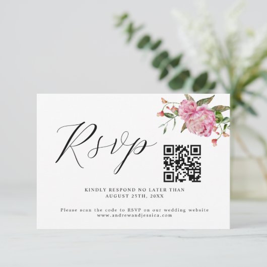 Roze Floral Wedding QR Code RSVP Card (Staand voorkant)