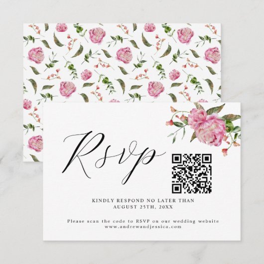 Roze Floral Wedding QR Code RSVP Card Kaartje (Voorkant / Achterkant)