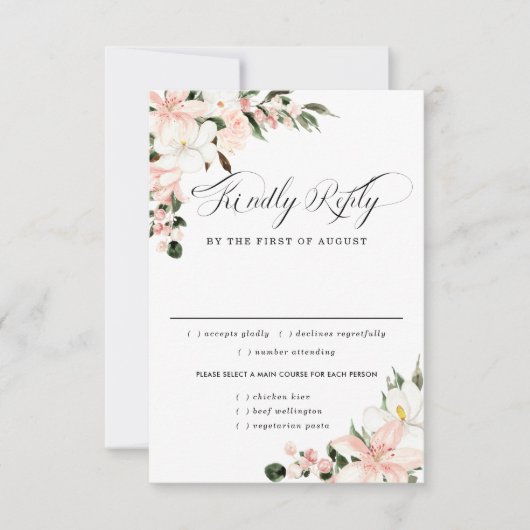 Roze Floral Wedding RSVP-kaart, maaltijdopties RSVP Kaartje (Voorkant)