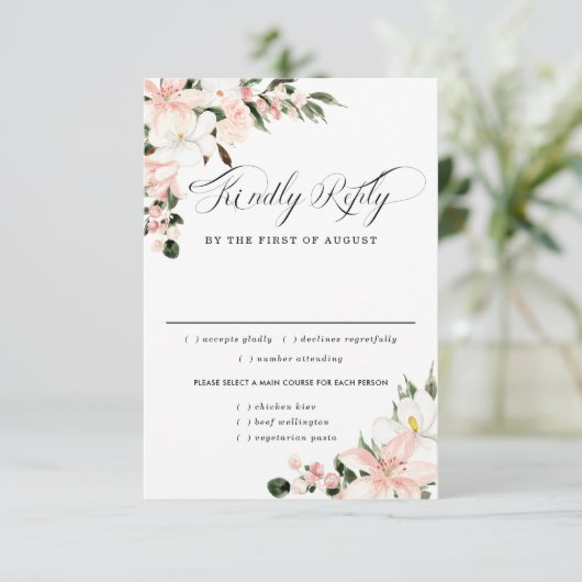 Roze Floral Wedding RSVP-kaart, maaltijdopties RSVP Kaartje (Staand voorkant)