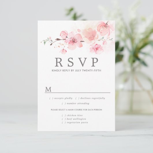 Roze Floral Wedding RSVP-kaart, maaltijdopties RSVP Kaartje (Staand voorkant)
