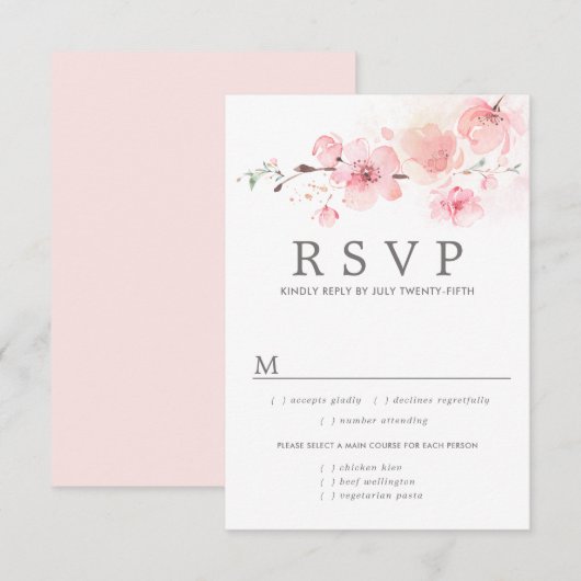 Roze Floral Wedding RSVP-kaart, maaltijdopties RSVP Kaartje (Voorkant / Achterkant)