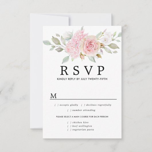 Roze Floral Wedding RSVP-kaart, maaltijdopties RSVP Kaartje (Voorkant)