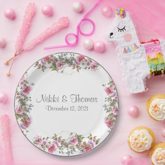 Roze Floral Wedding Script Name Elegant  Papieren Bordje (Feest)