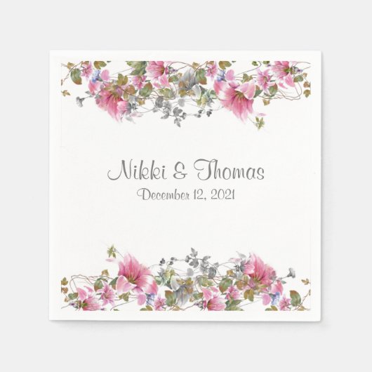 Roze Floral Wedding Script Name Elegant  Servet (Voorkant)