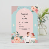 Roze Floral Wedding Uitnodiging (Staand voorkant)
